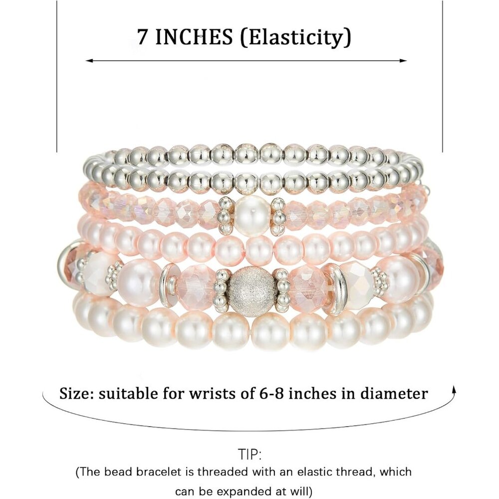 Pink Beaded Pearl Silver Stackable Bracelets For … - image 5